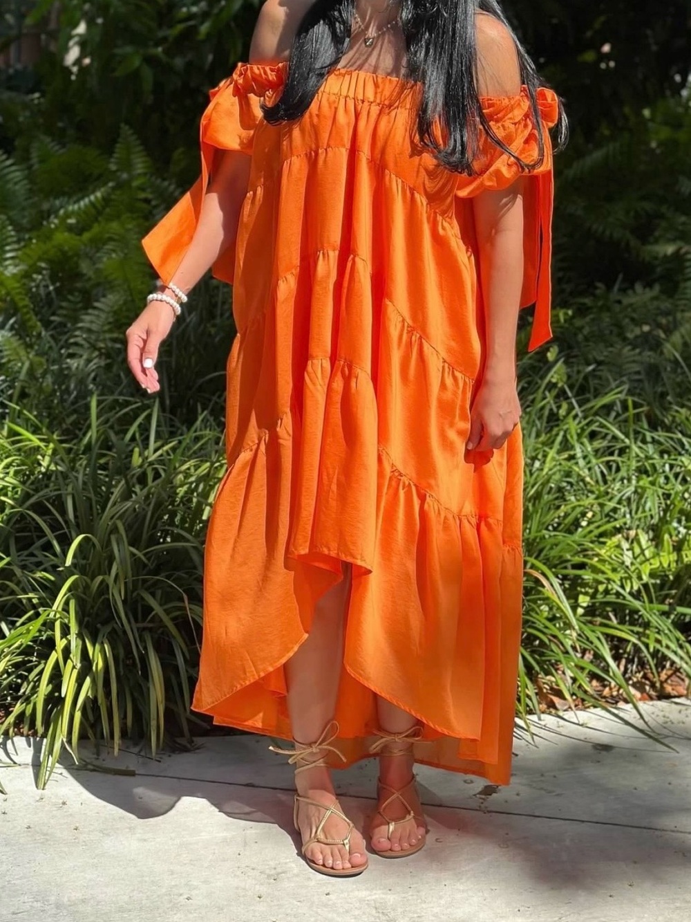 Off-Shoulder Tiered Summer Dress in Bright Orange